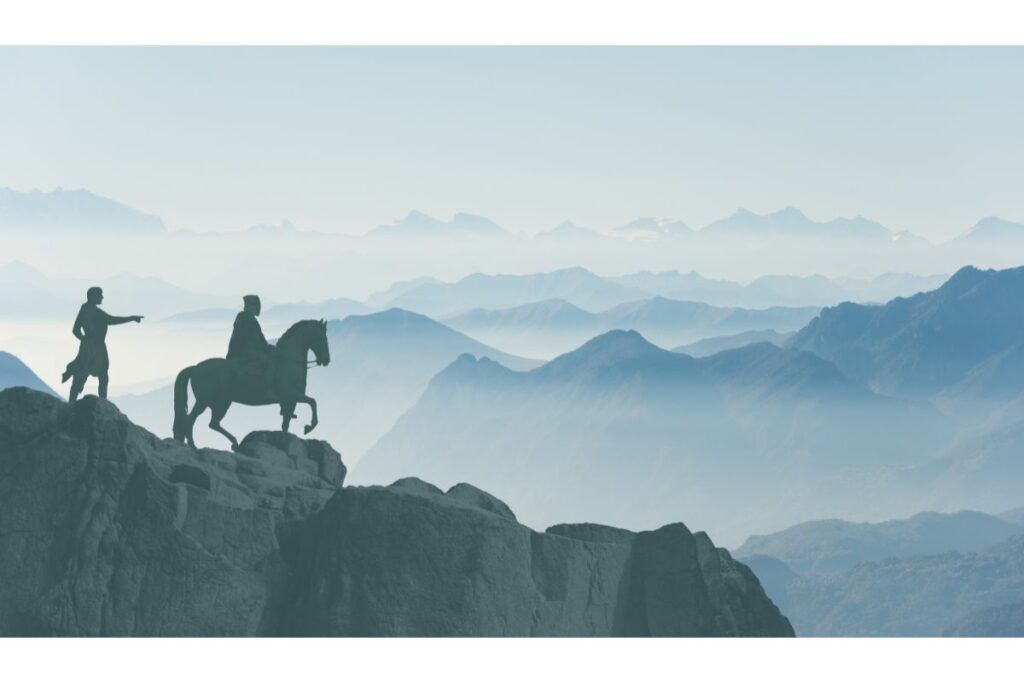 Knights on horseback at the top of a mountain
